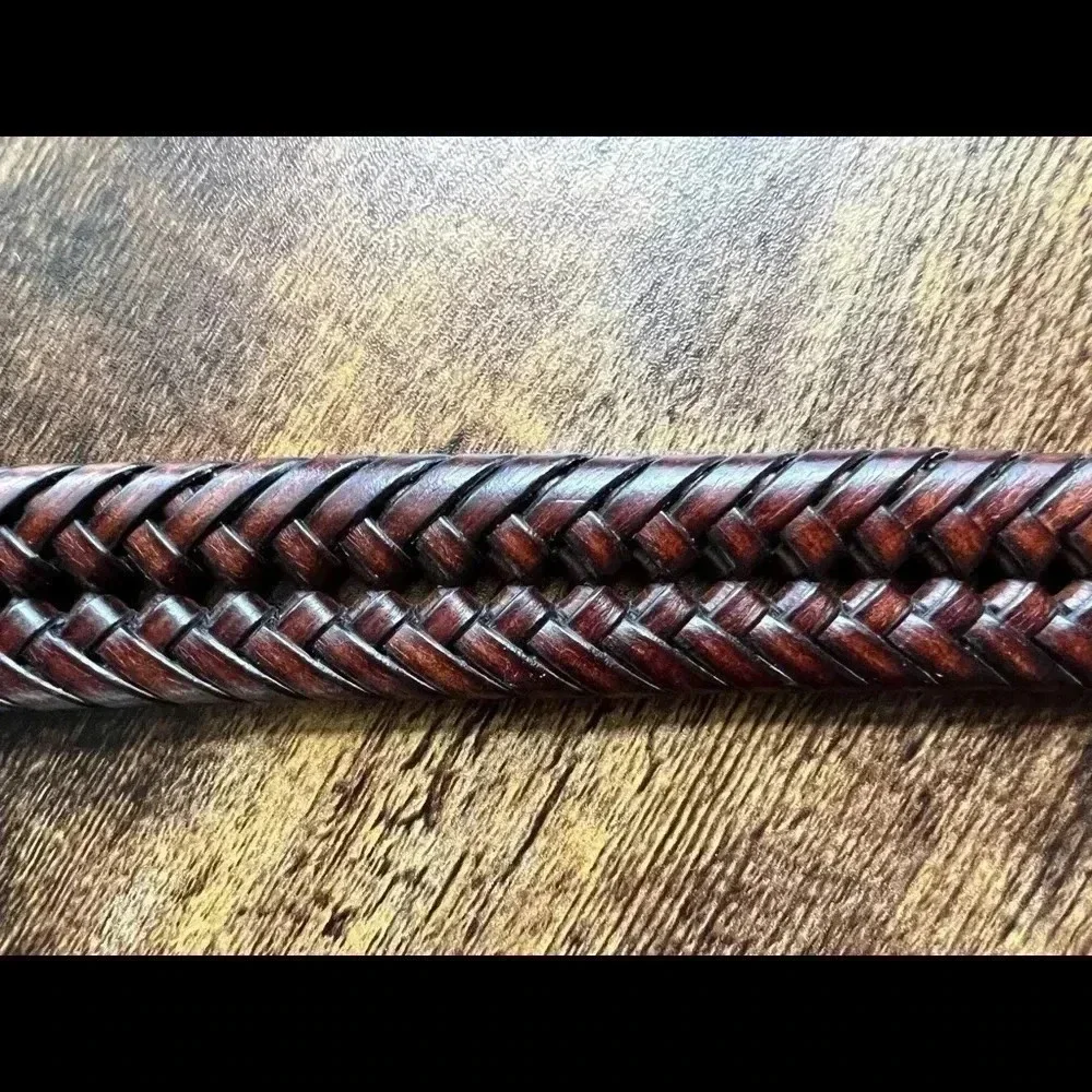 Mens brown woven belt with silver buckle